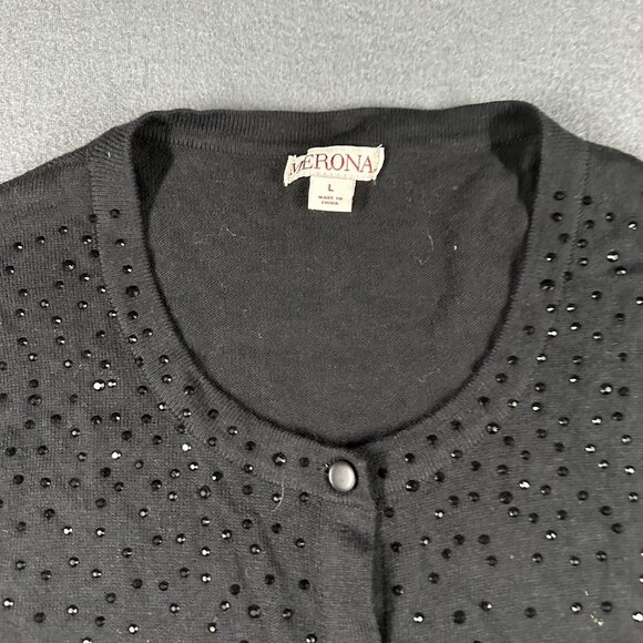 Merona Sweater Womens Large Black Cardigan Beaded Button Up Knit Lightweight Top - Picture 2 of 7